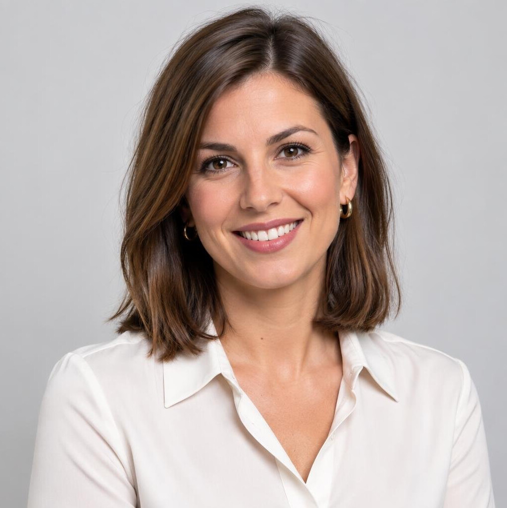 Studio portrait of a woman with shoulder-length brown hair