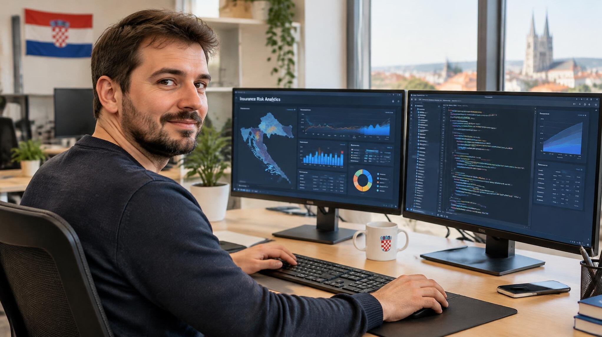 Software developer working on insurance data dashboards on multiple monitors