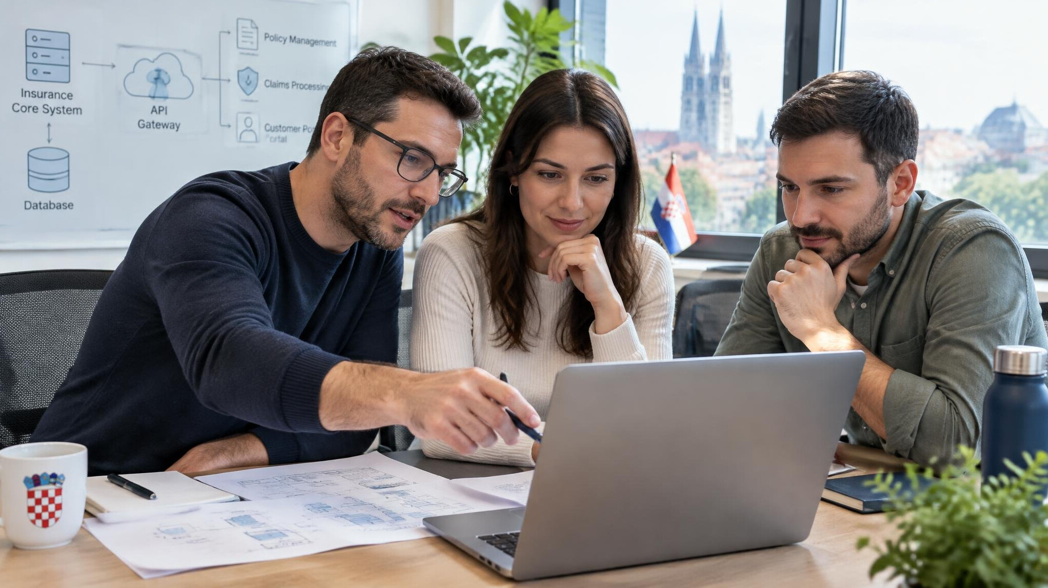Team of colleagues discussing software architecture around a laptop